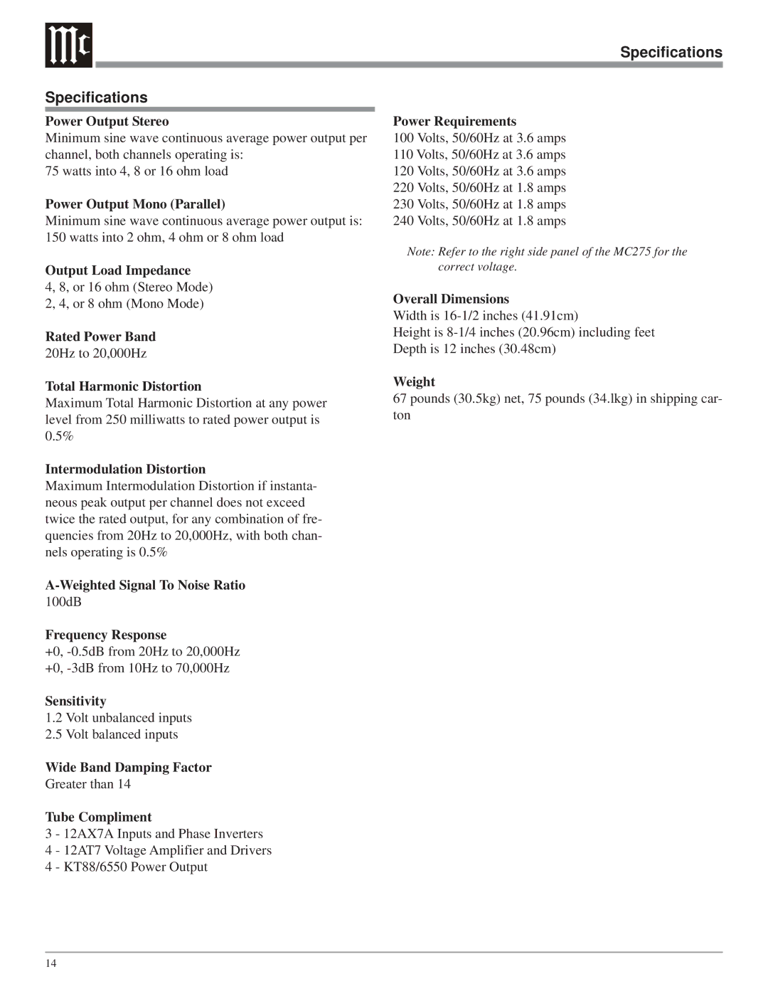 McIntosh MC275 owner manual Specifications, Power Output Stereo 