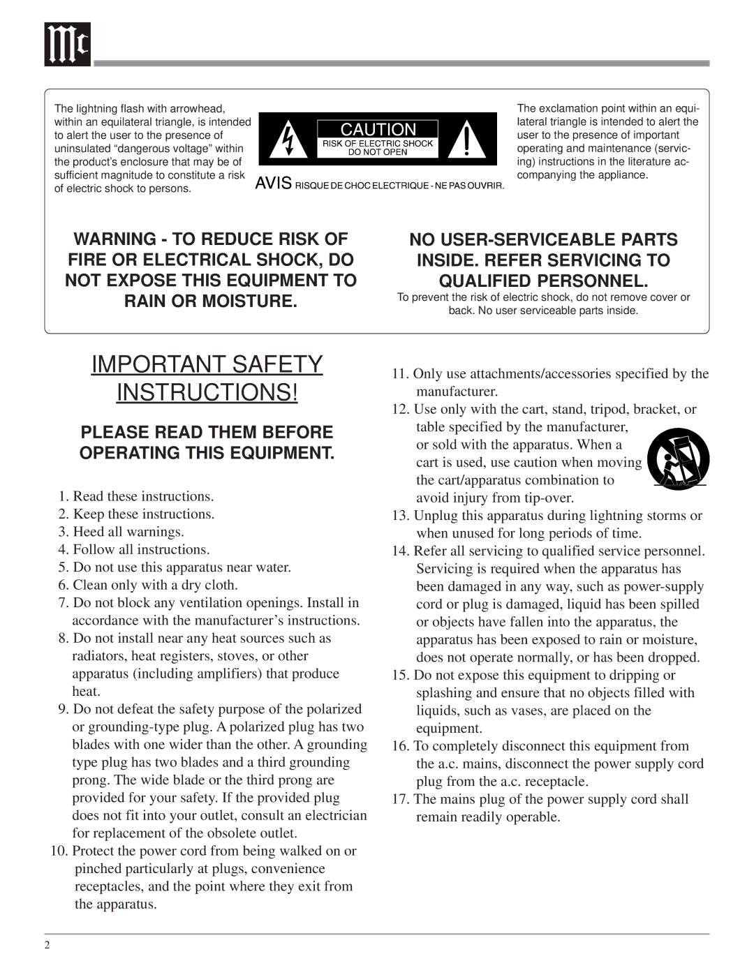 McIntosh MC275 owner manual Important Safety Instructions 