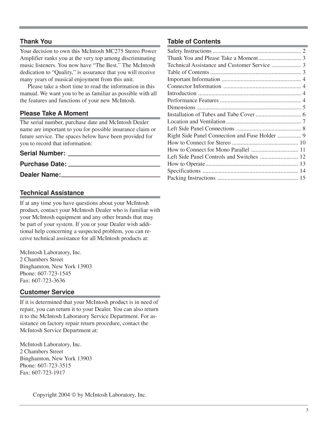 McIntosh MC275 owner manual Thank You, Please Take a Moment, Customer Service, Table of Contents 