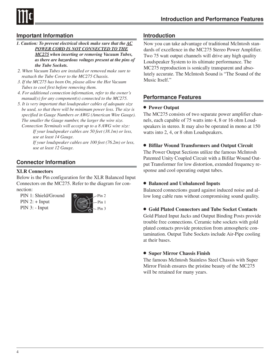 McIntosh MC275 owner manual Introduction and Performance Features Important Information, Connector Information 