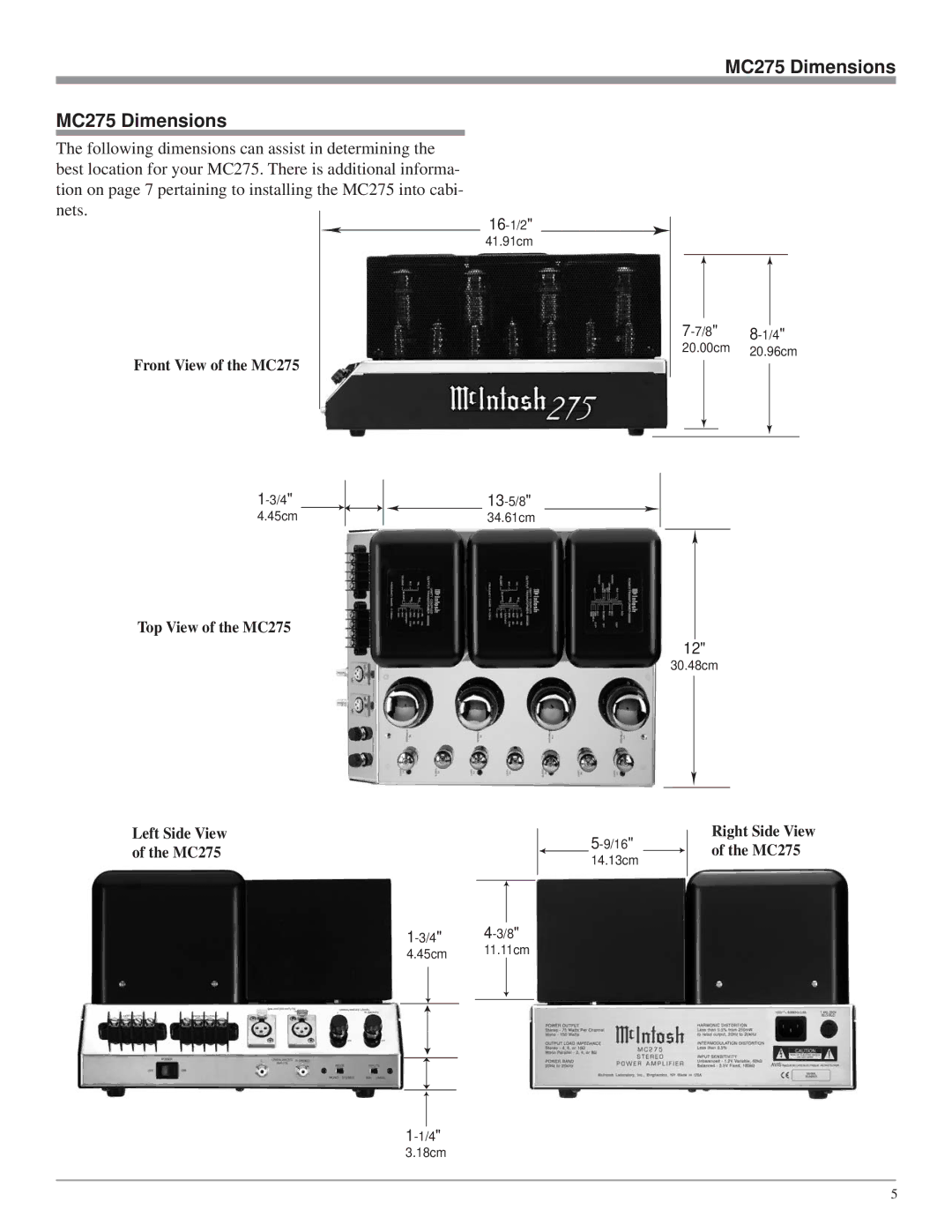 McIntosh owner manual MC275 Dimensions 