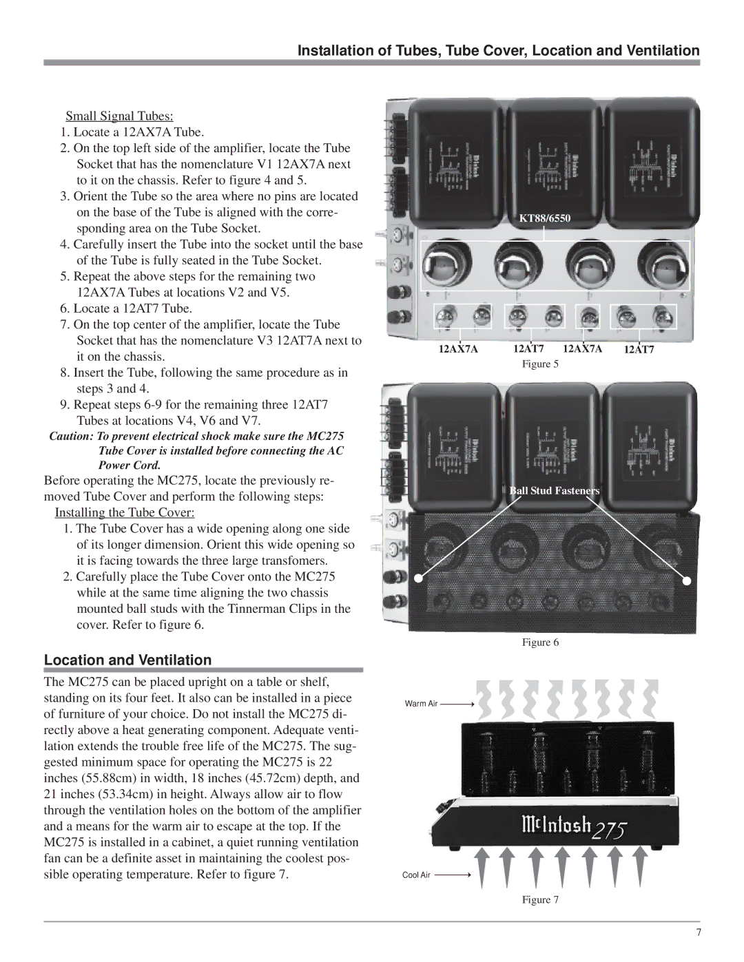 McIntosh MC275 owner manual Installation of Tubes, Tube Cover, Location and Ventilation 