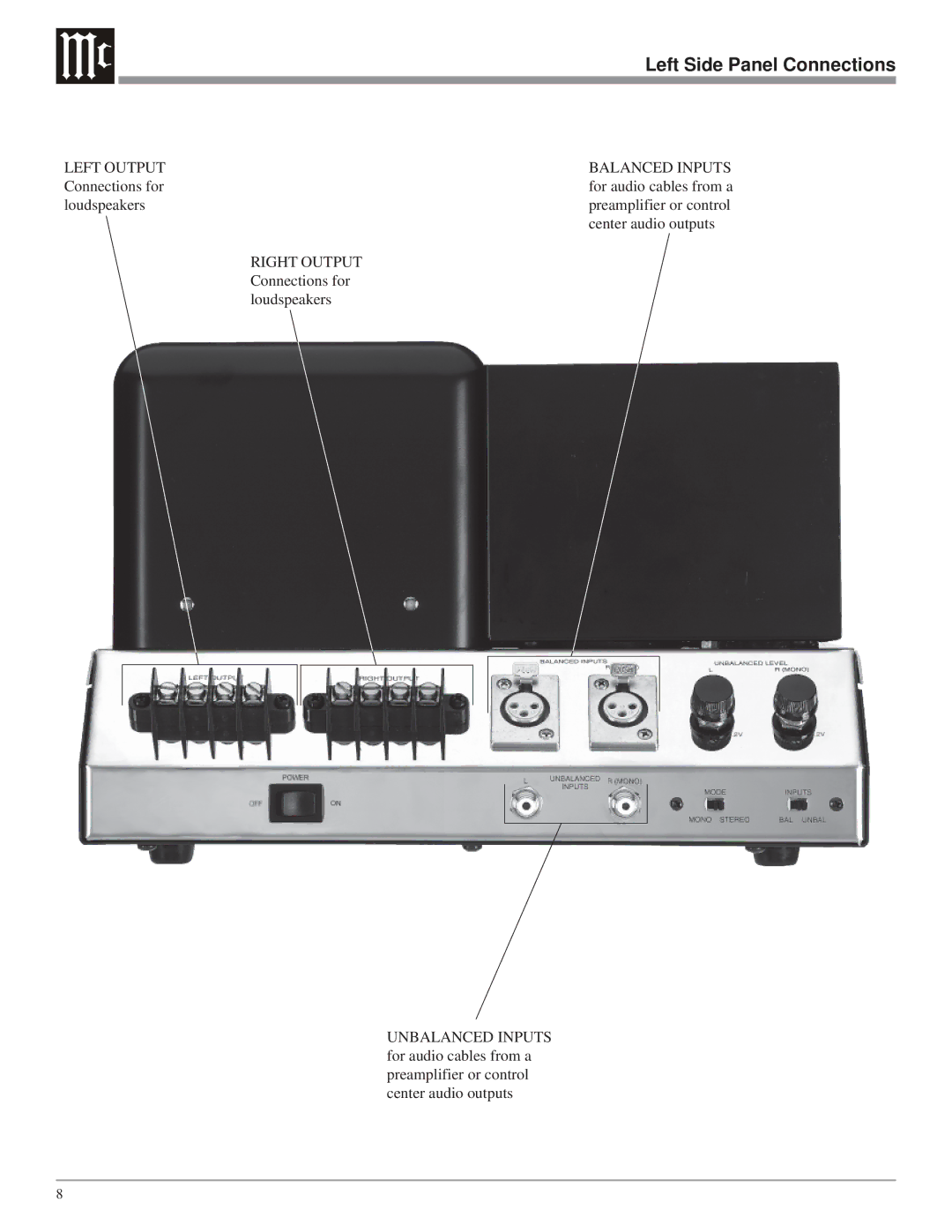 McIntosh MC275 owner manual Left Side Panel Connections, Left Output Balanced Inputs 