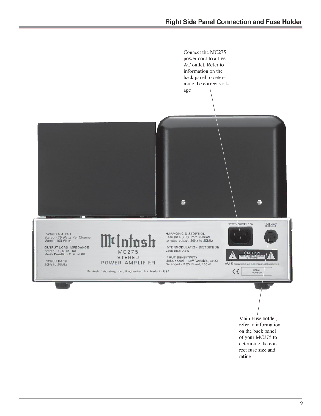 McIntosh MC275 owner manual Right Side Panel Connection and Fuse Holder 