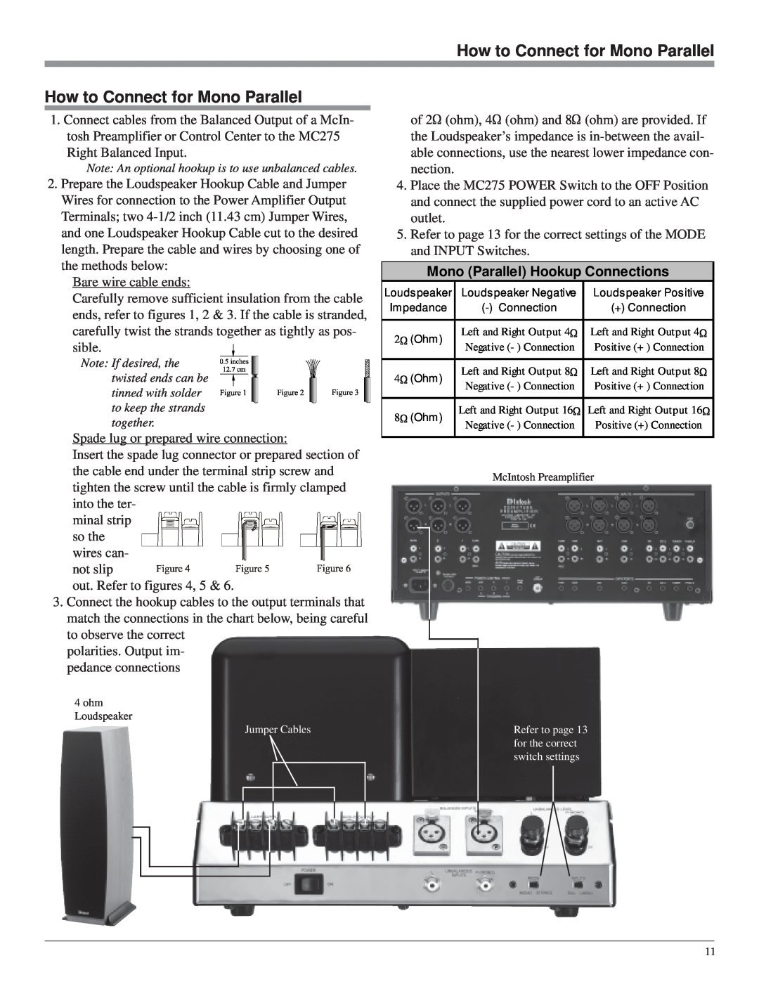 McIntosh MC275 owner manual How to Connect for Mono Parallel, Mono Parallel Hookup Connections 