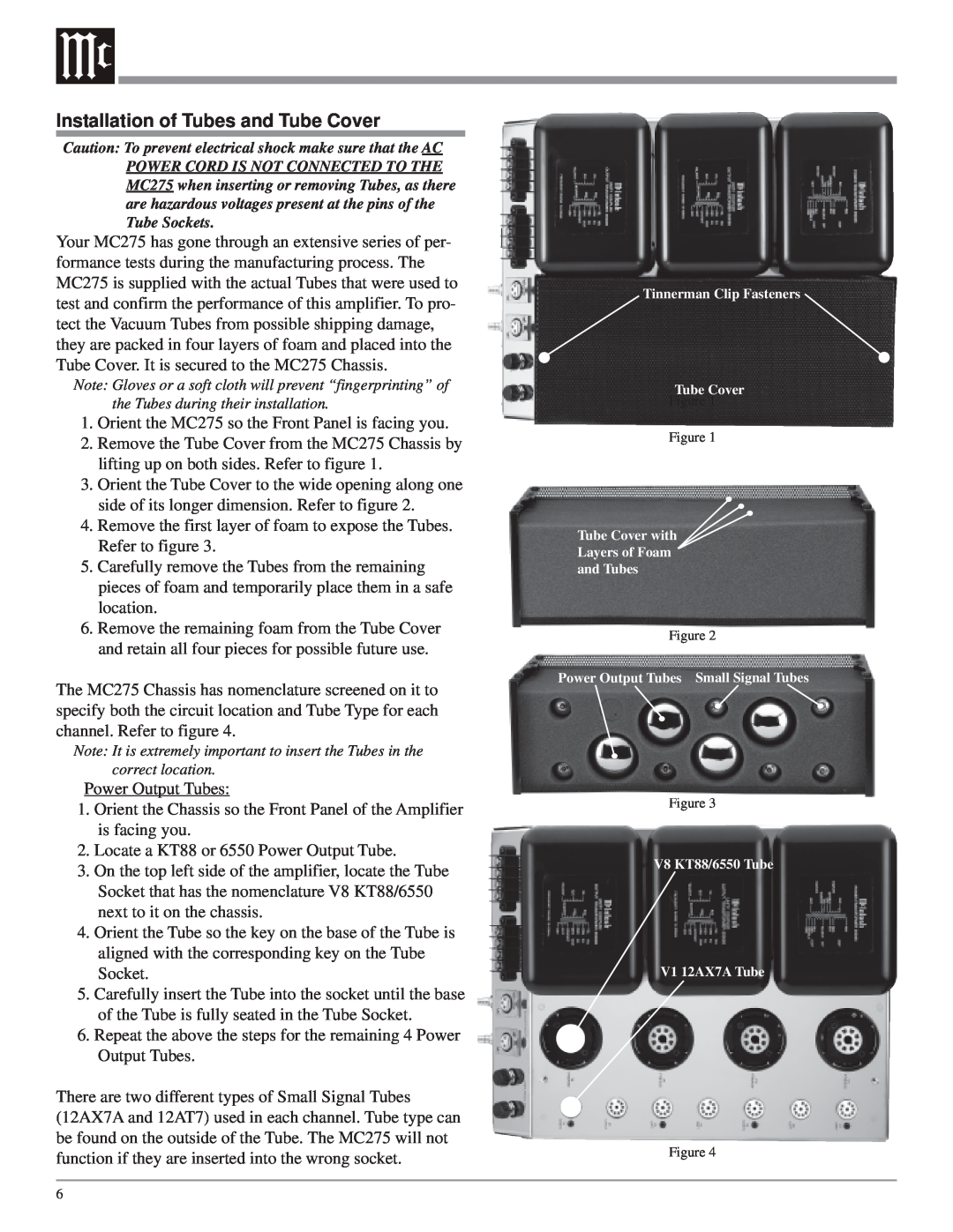 McIntosh MC275 owner manual Installation of Tubes and Tube Cover 