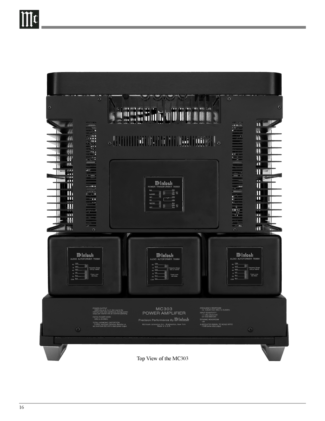 McIntosh owner manual Top View of the MC303 