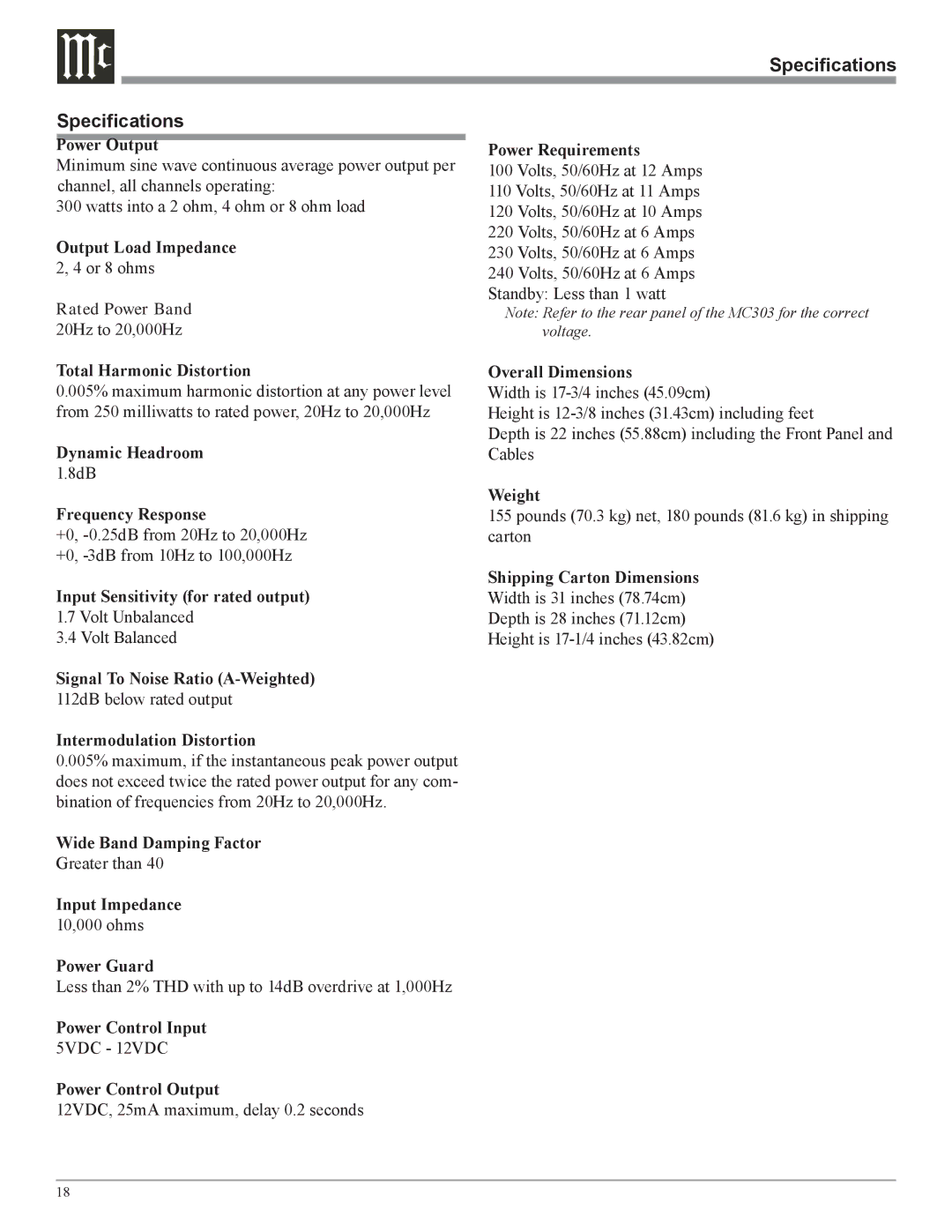 McIntosh MC303 owner manual Specifications 