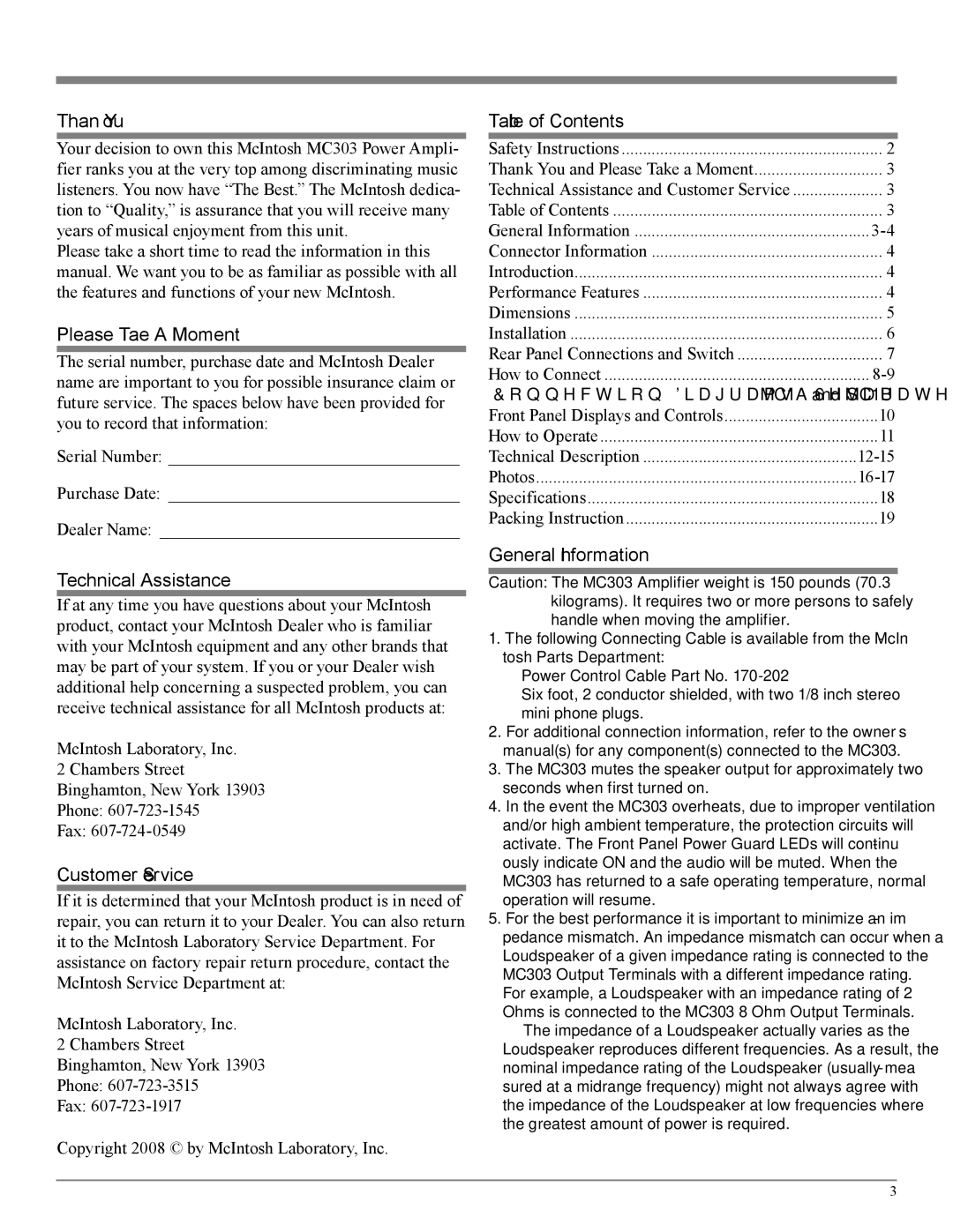 McIntosh MC303 owner manual Thank You, Please Take a Moment, Technical Assistance, Customer Service, Table of Contents 