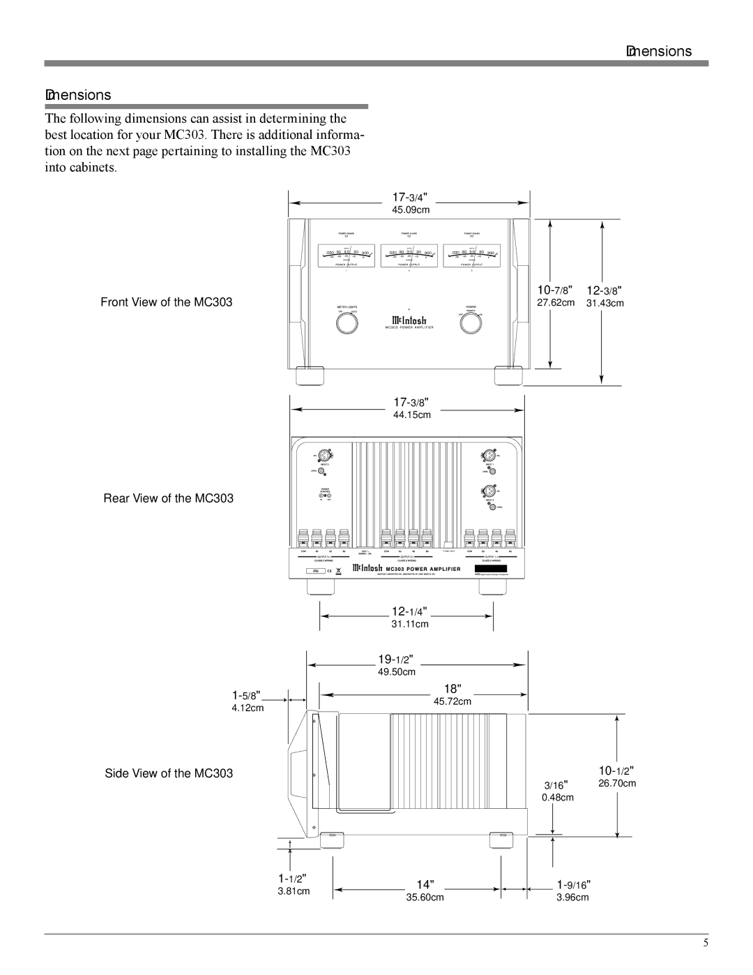 McIntosh MC303 owner manual Dimensions 