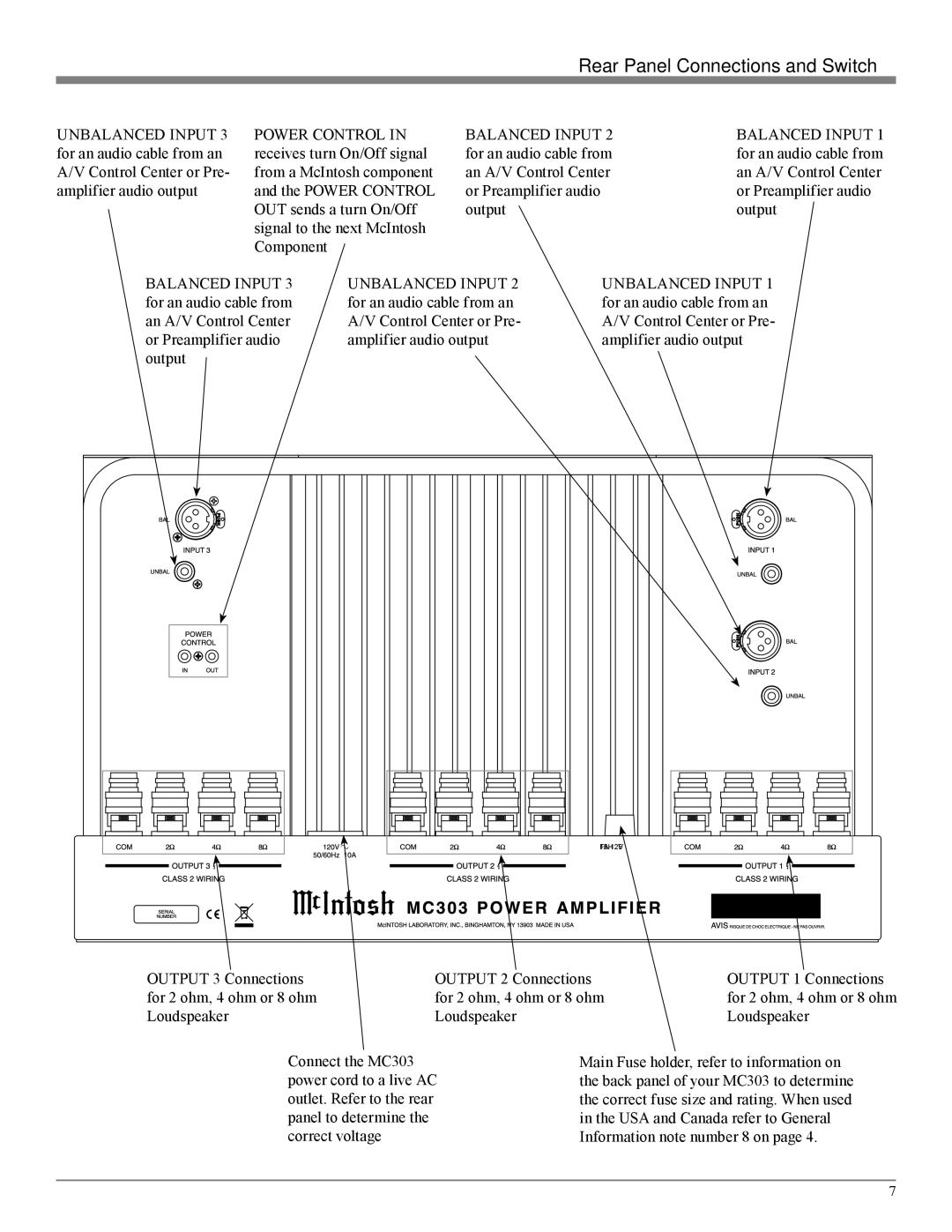 McIntosh MC303 owner manual Rear Panel Connections and Switch 