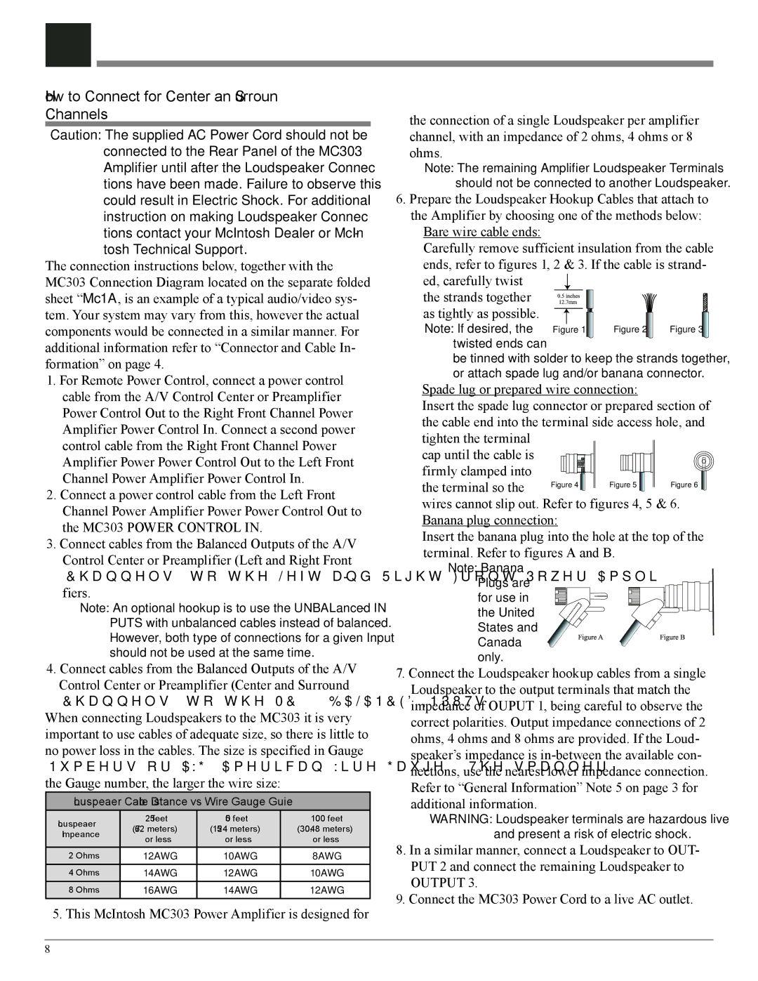 McIntosh MC303 owner manual How to Connect for Center and Surround Channels, Loudspeaker Cable Distance vs Wire Gauge Guide 