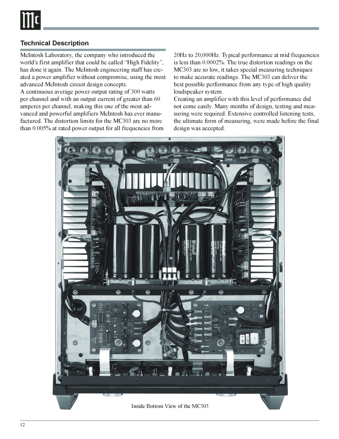 McIntosh owner manual Technical Description, Inside Bottom View of the MC303 