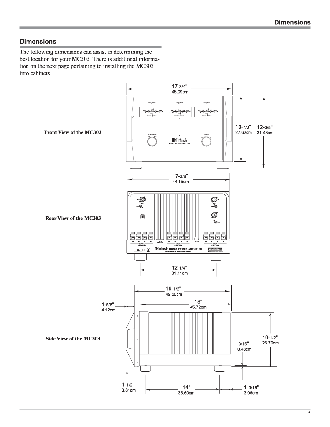 McIntosh owner manual Dimensions Dimensions, Front View of the MC303 Rear View of the MC303, Side View of the MC303 