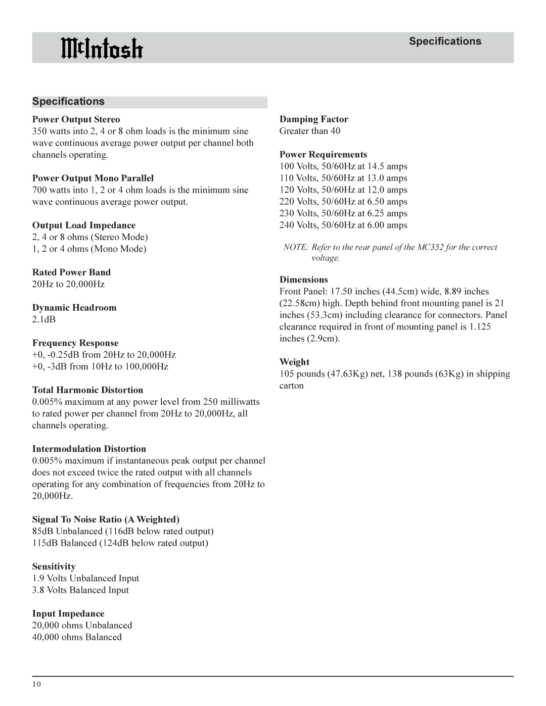 McIntosh MC352 manual Specifications 