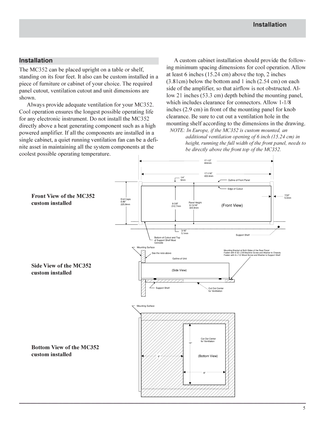 McIntosh manual Installation, Front View of the MC352, Custom installed, Side View of the MC352 