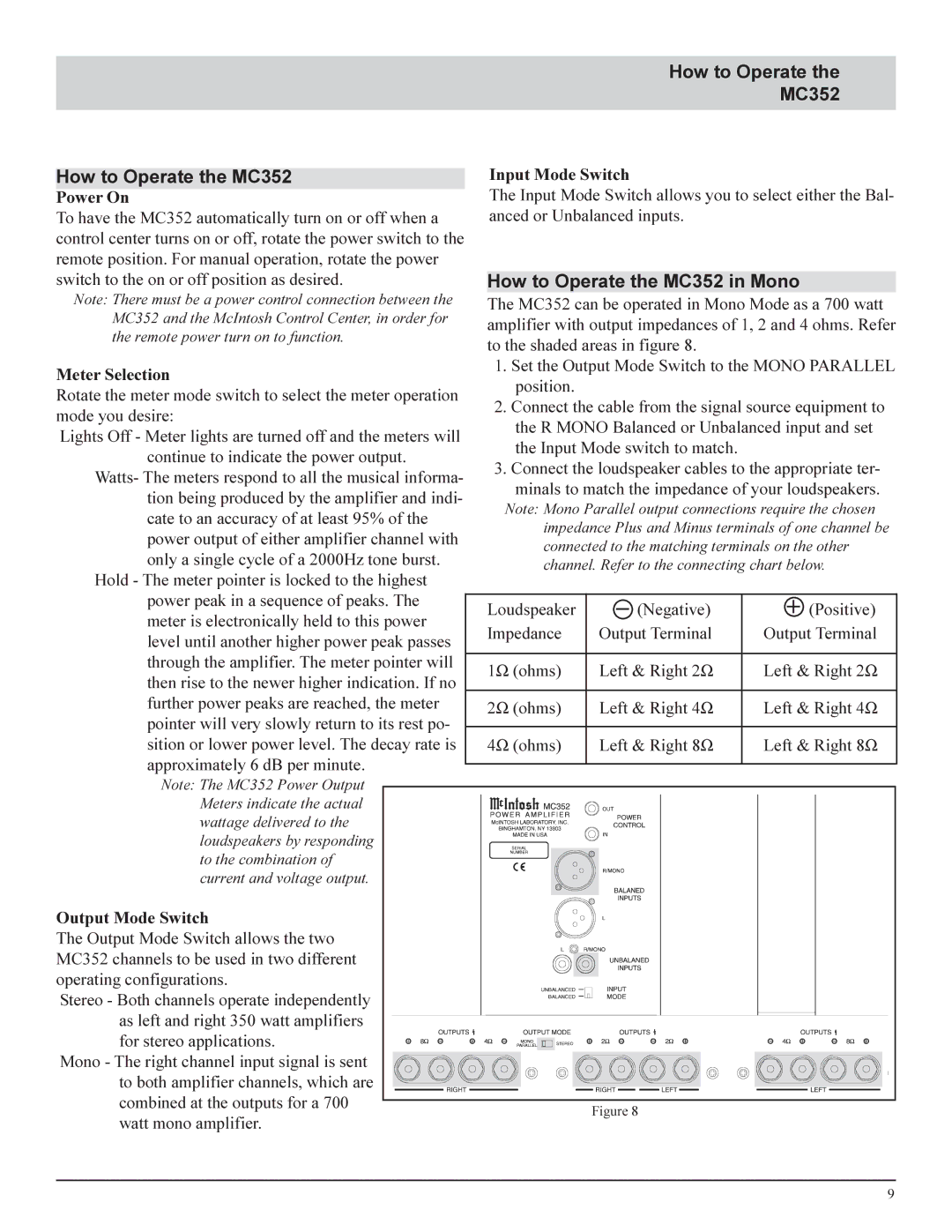 McIntosh manual How to Operate the MC352 in Mono 