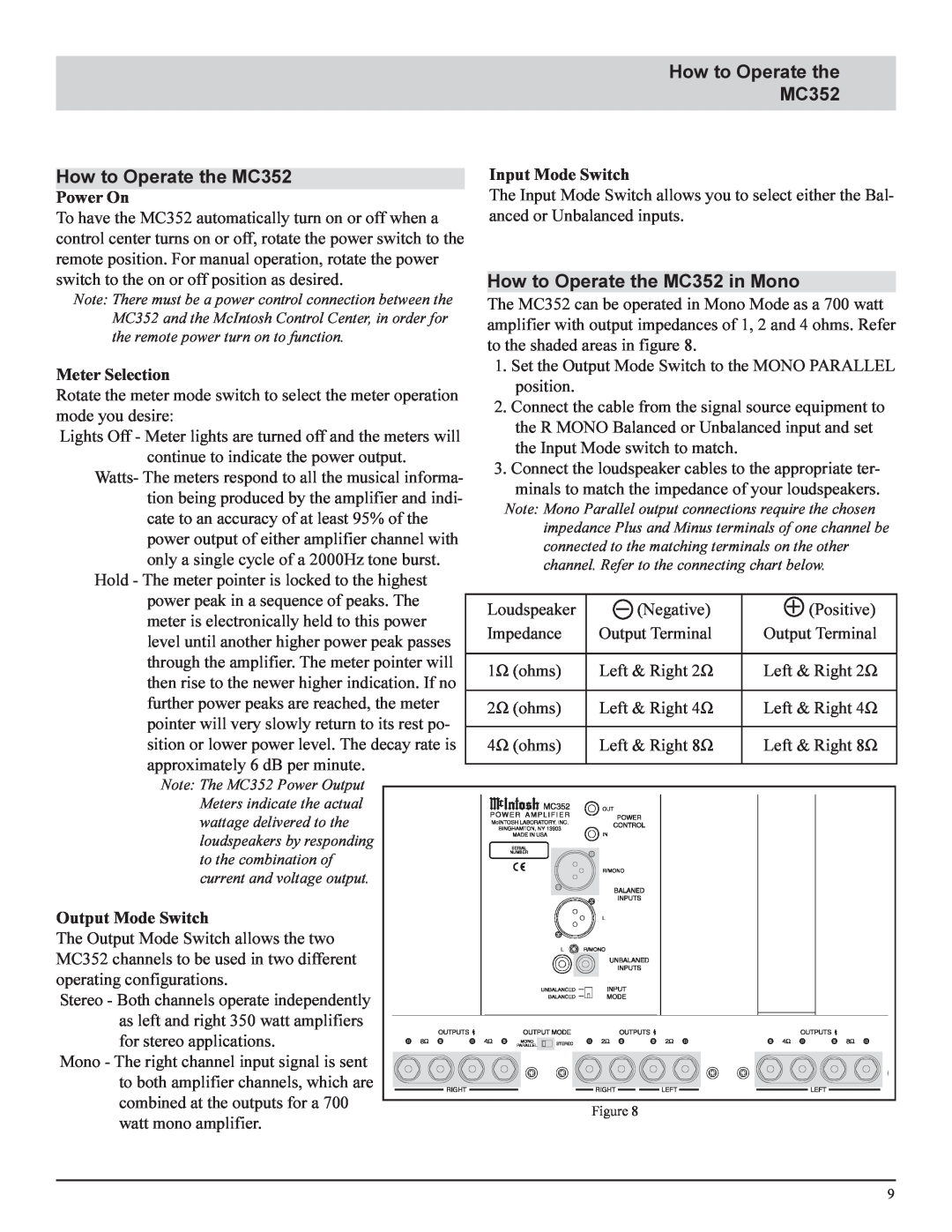 McIntosh manual How to Operate the MC352 in Mono, Power On, Meter Selection, Input Mode Switch, Output Mode Switch 
