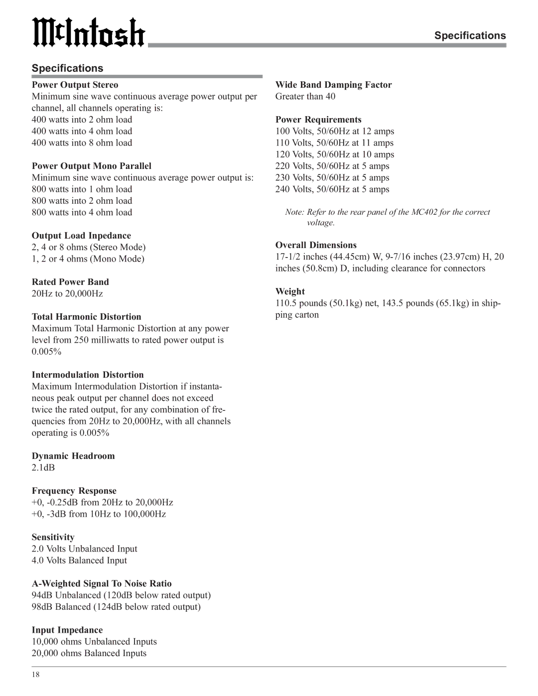 McIntosh MC402 owner manual Specifications 