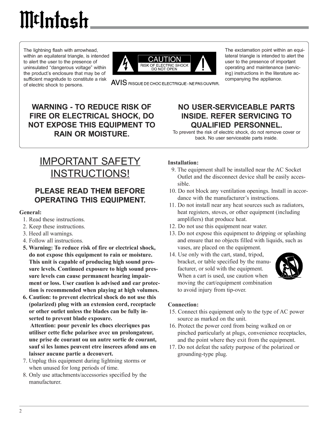 McIntosh MC402 owner manual Important Safety Instructions 