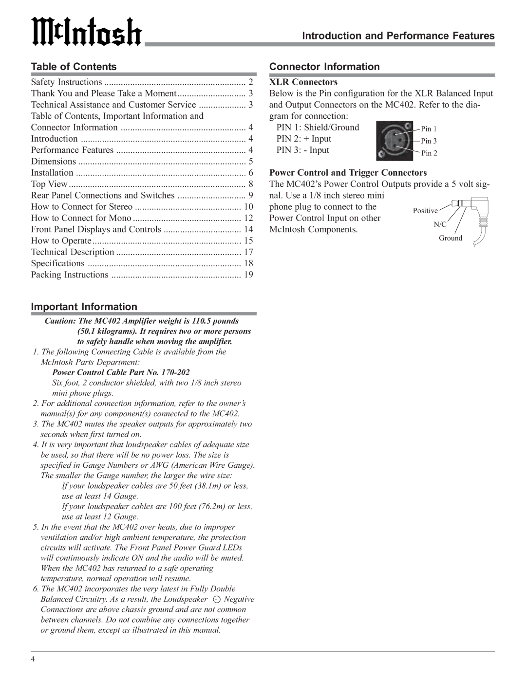 McIntosh MC402 owner manual Table of Contents, Important Information 