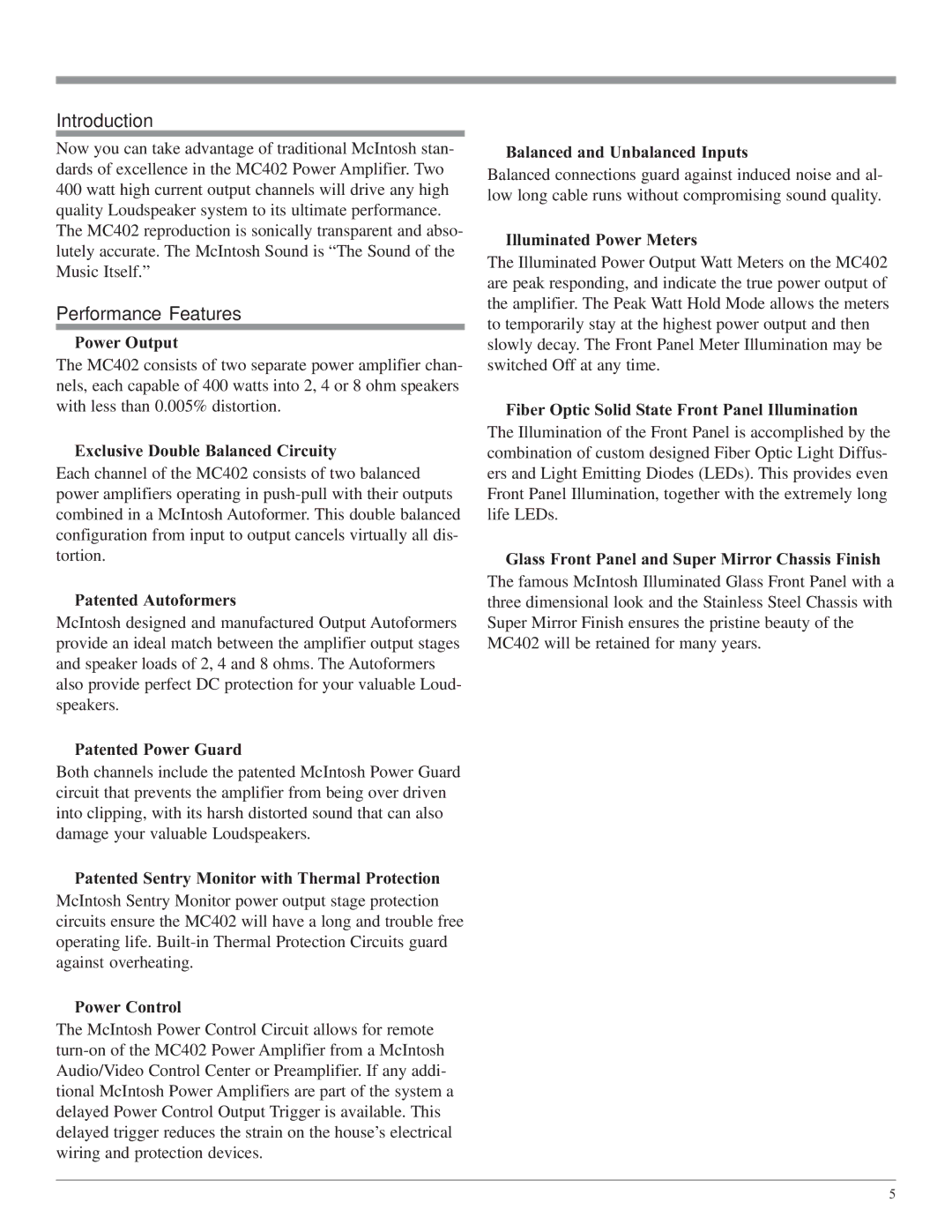 McIntosh MC402 owner manual Introduction, Performance Features 