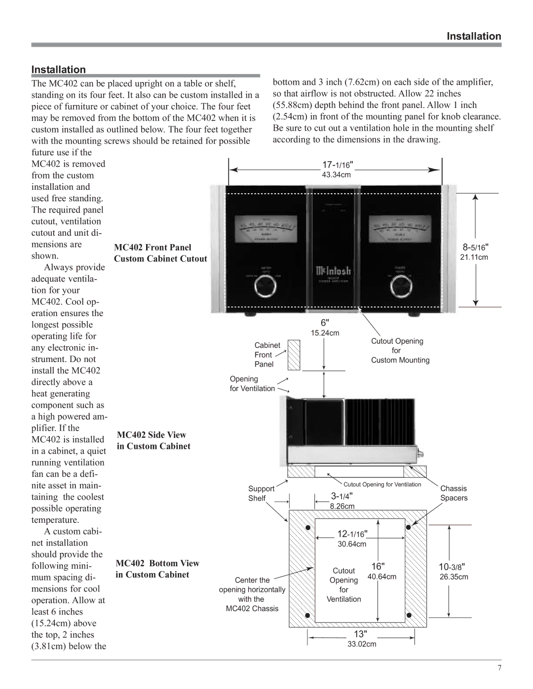 McIntosh MC402 owner manual Installation, 17-1/16 