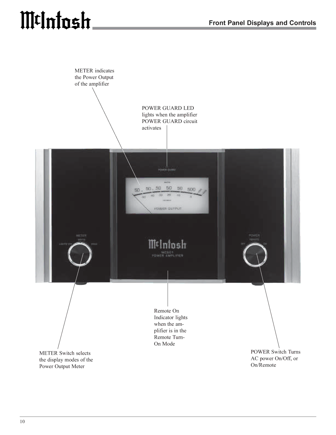 McIntosh MC501 owner manual Front Panel Displays and Controls 