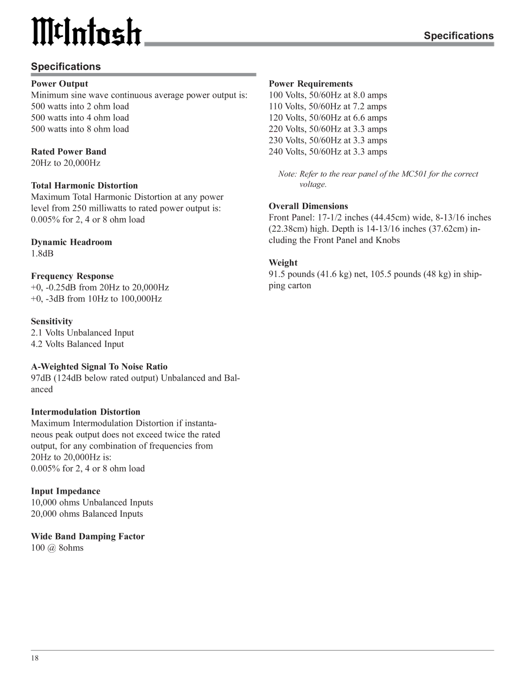 McIntosh MC501 owner manual Specifications 