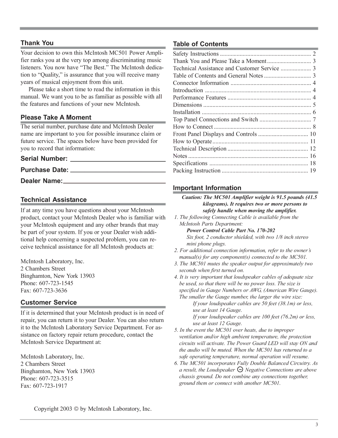 McIntosh MC501 owner manual Thank You, Please Take a Moment, Customer Service, Table of Contents, Important Information 