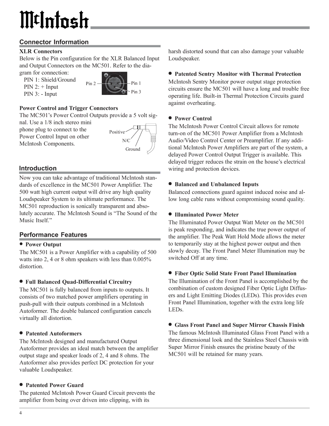 McIntosh MC501 owner manual Connector Information, Introduction, Performance Features 