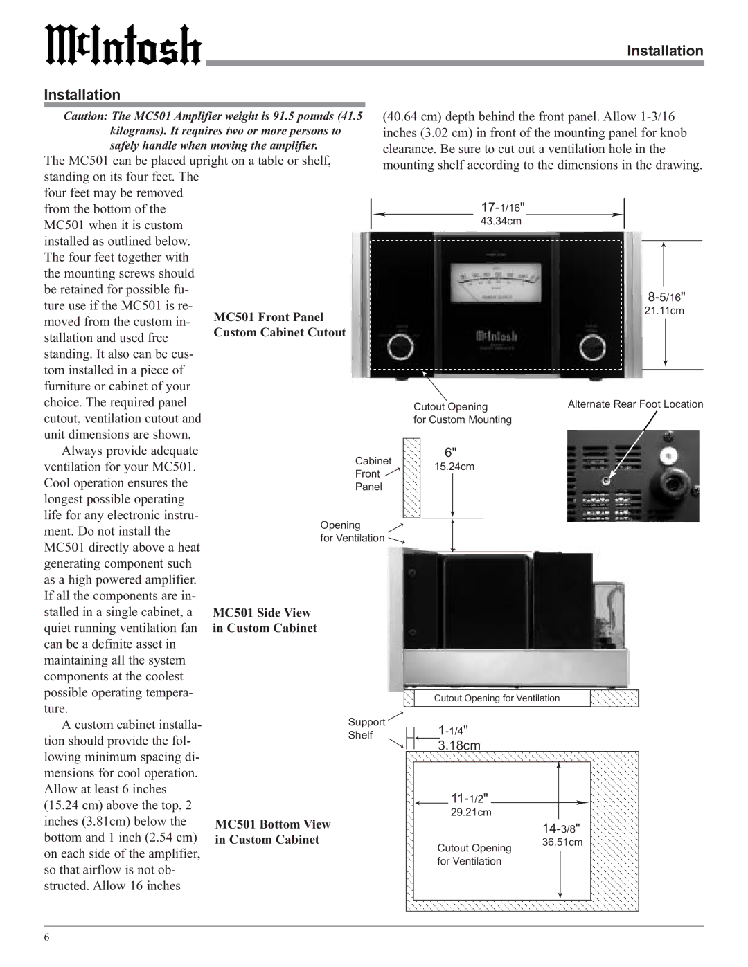 McIntosh MC501 owner manual Installation 