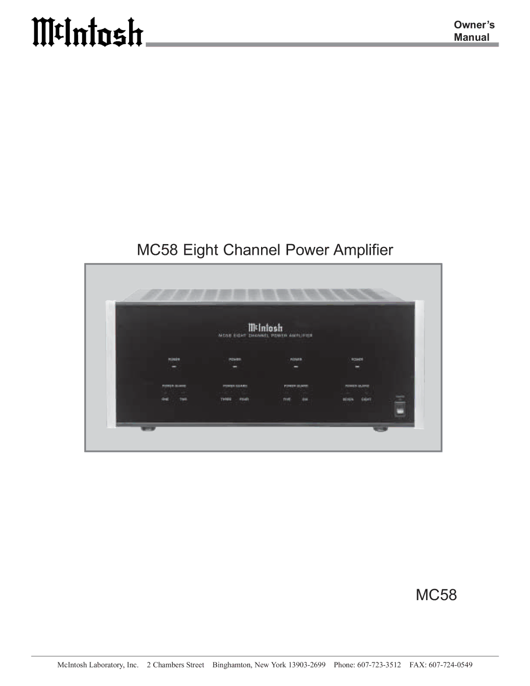 McIntosh owner manual MC58 Eight Channel Power Amplifier, Owner’s Manual 