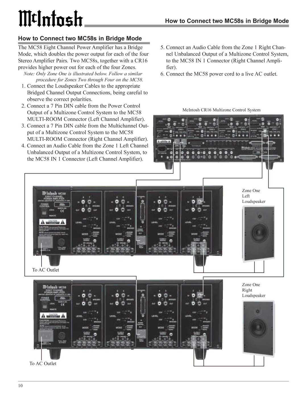 McIntosh owner manual How to Connect two MC58s in Bridge Mode 