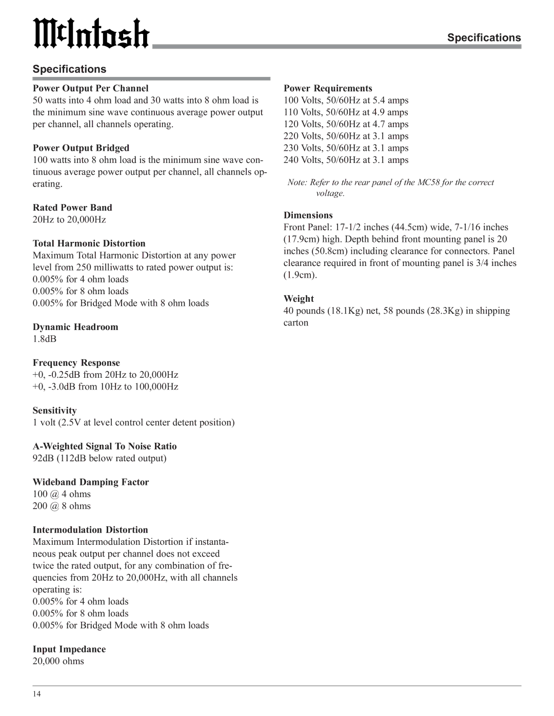 McIntosh MC58 owner manual Specifications 