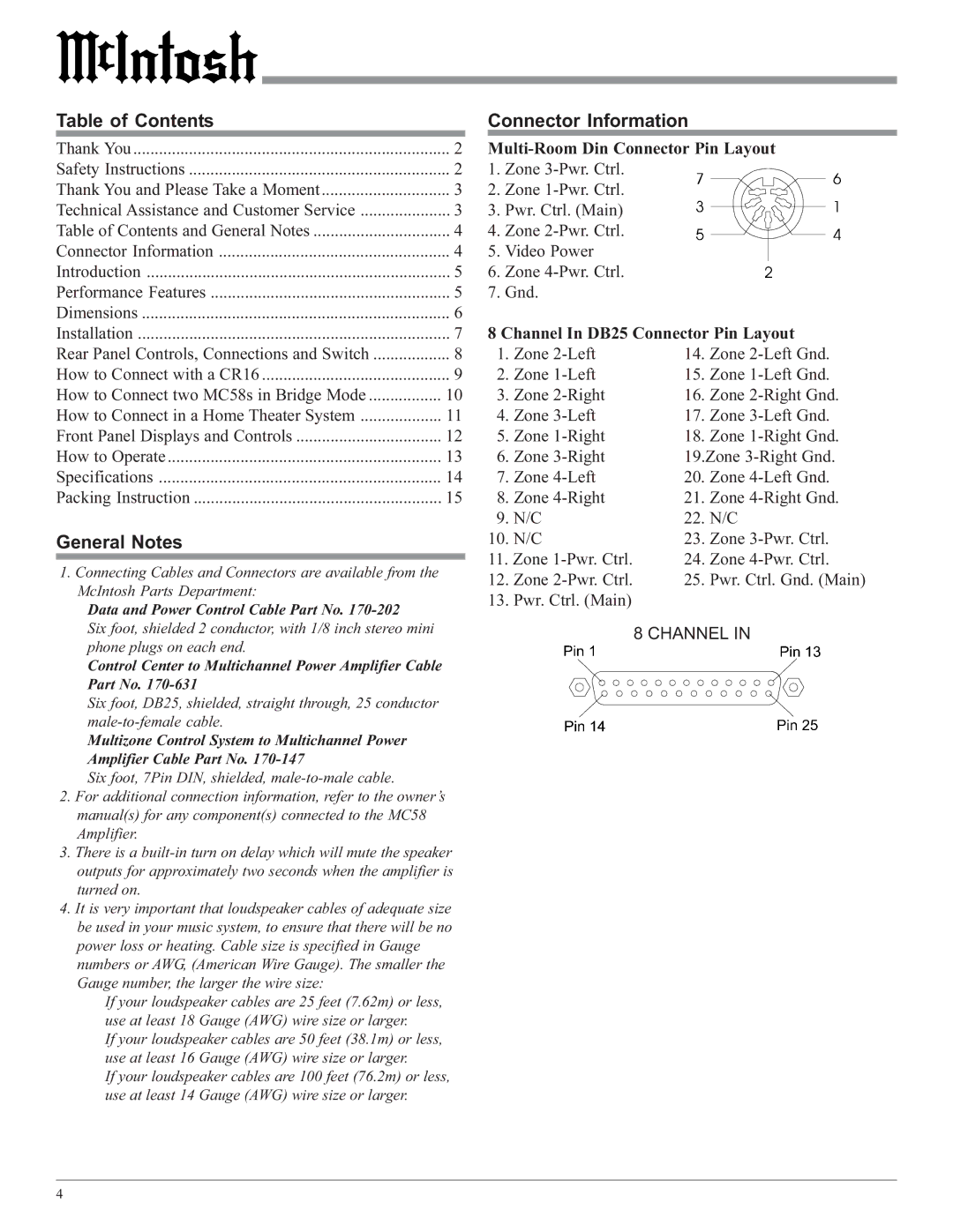 McIntosh MC58 owner manual Table of Contents, General Notes, Connector Information 