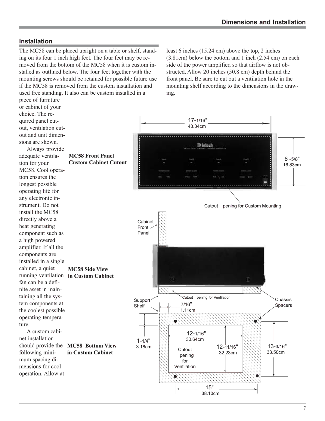 McIntosh MC58 owner manual Dimensions and Installation 