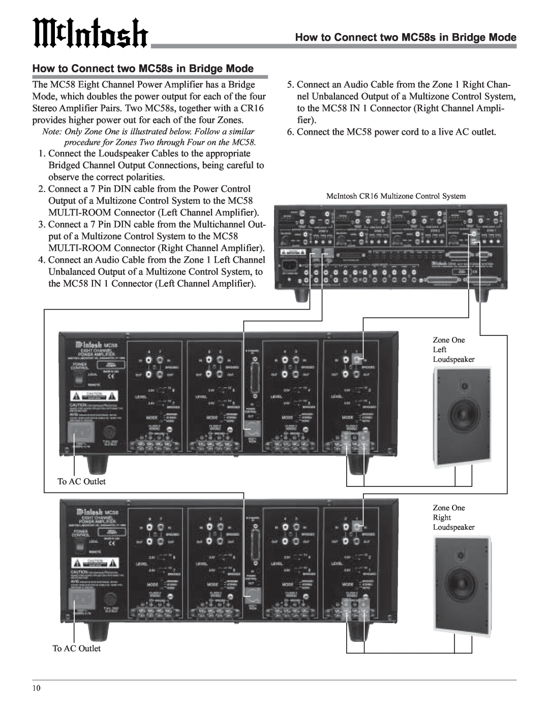 McIntosh owner manual How to Connect two MC58s in Bridge Mode 
