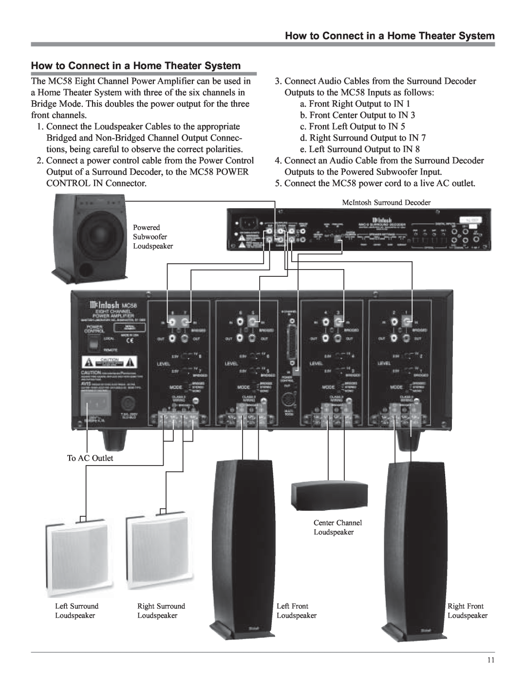 McIntosh MC58 owner manual How to Connect in a Home Theater System 