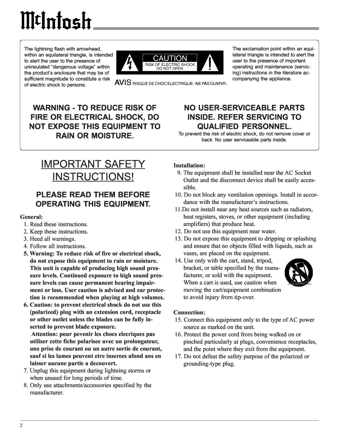 McIntosh MC58 owner manual Important Safety Instructions 