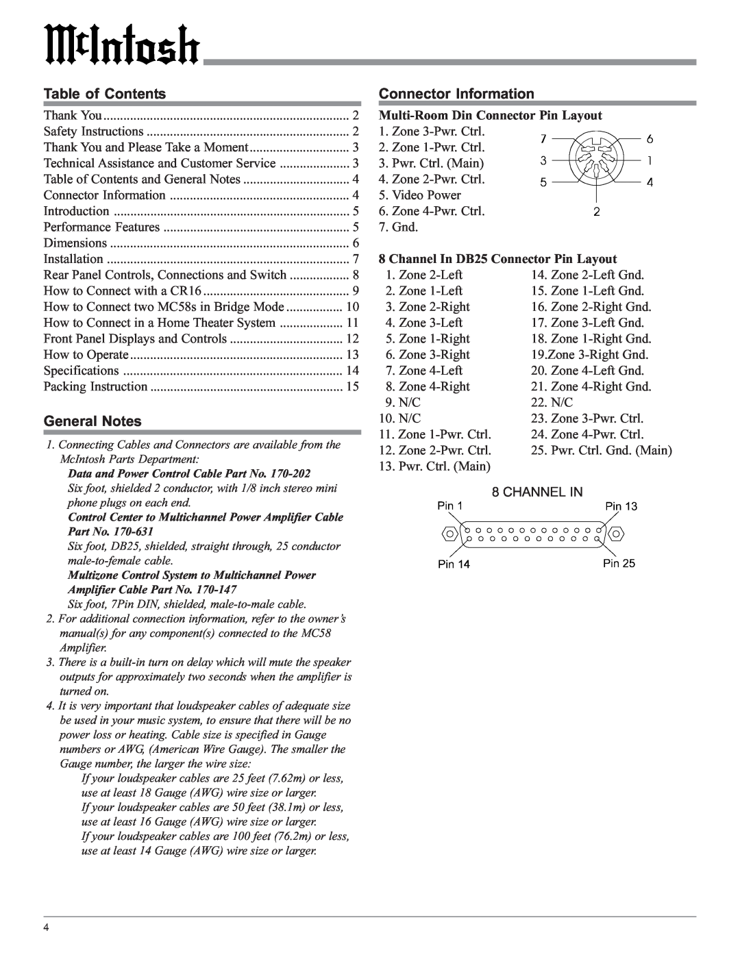 McIntosh MC58 owner manual Table of Contents, General Notes, Connector Information, Channel In 