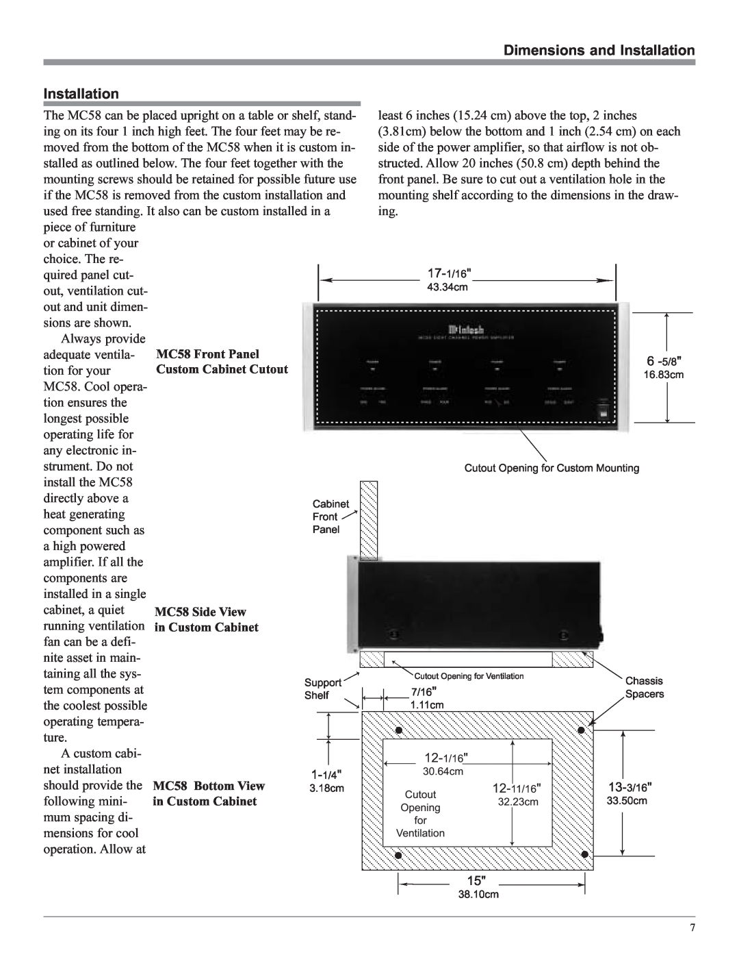 McIntosh MC58 owner manual Dimensions and Installation 