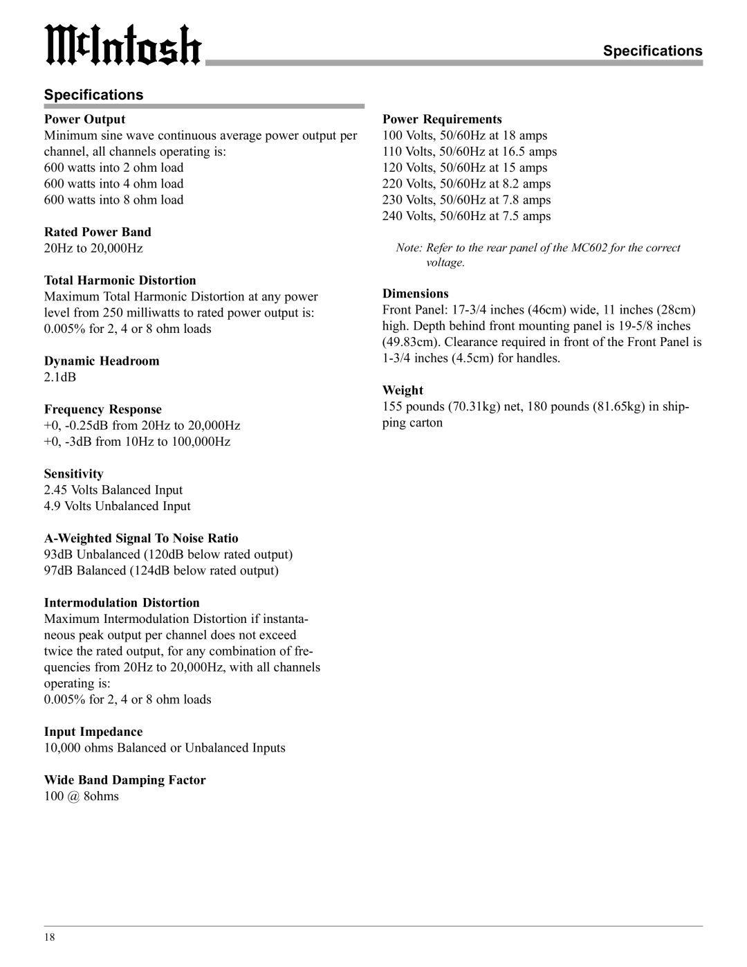 McIntosh MC602 manual Specifications 