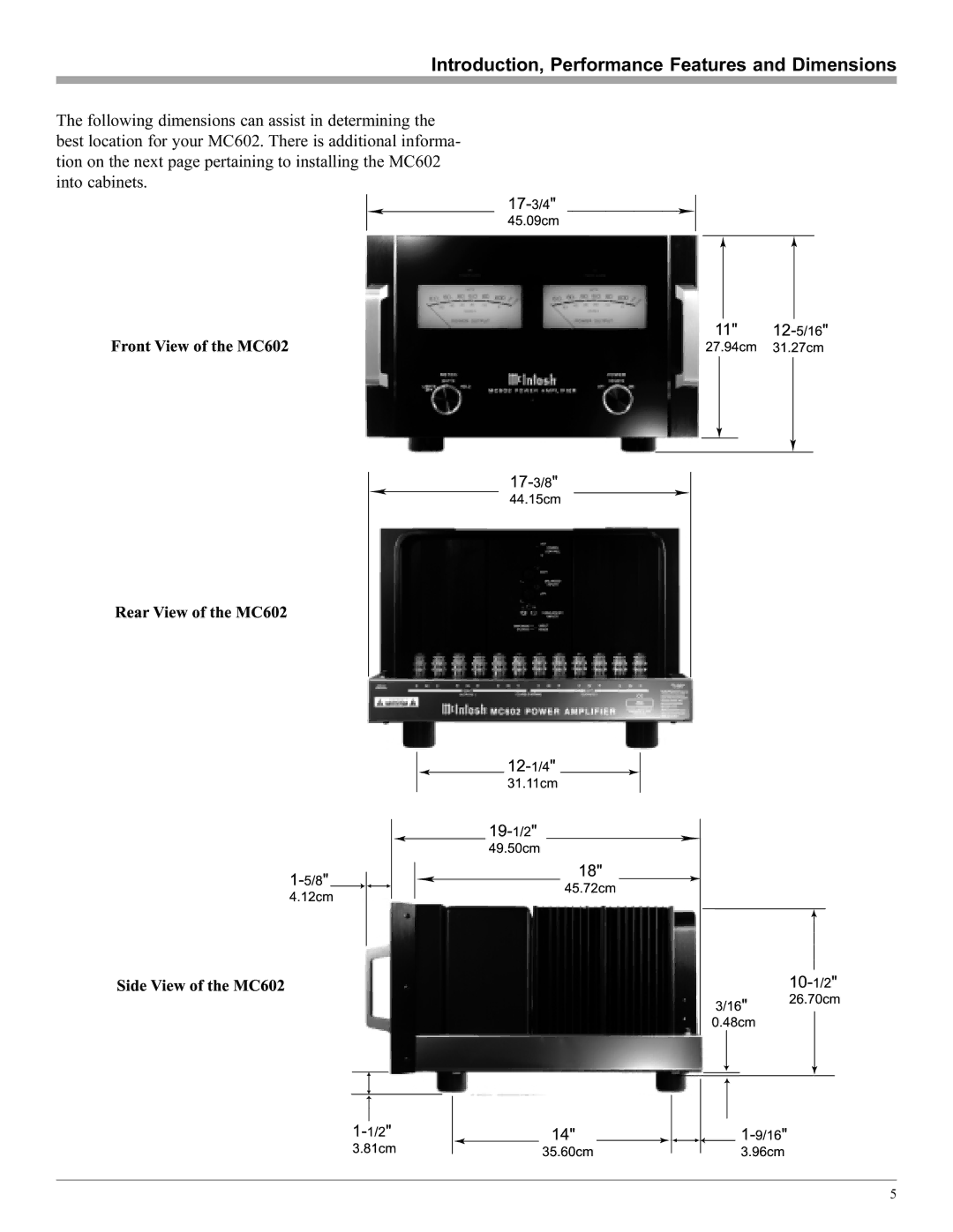 McIntosh MC602 manual 12- 5/16, Introduction,17-Performance Features and Dimensions 