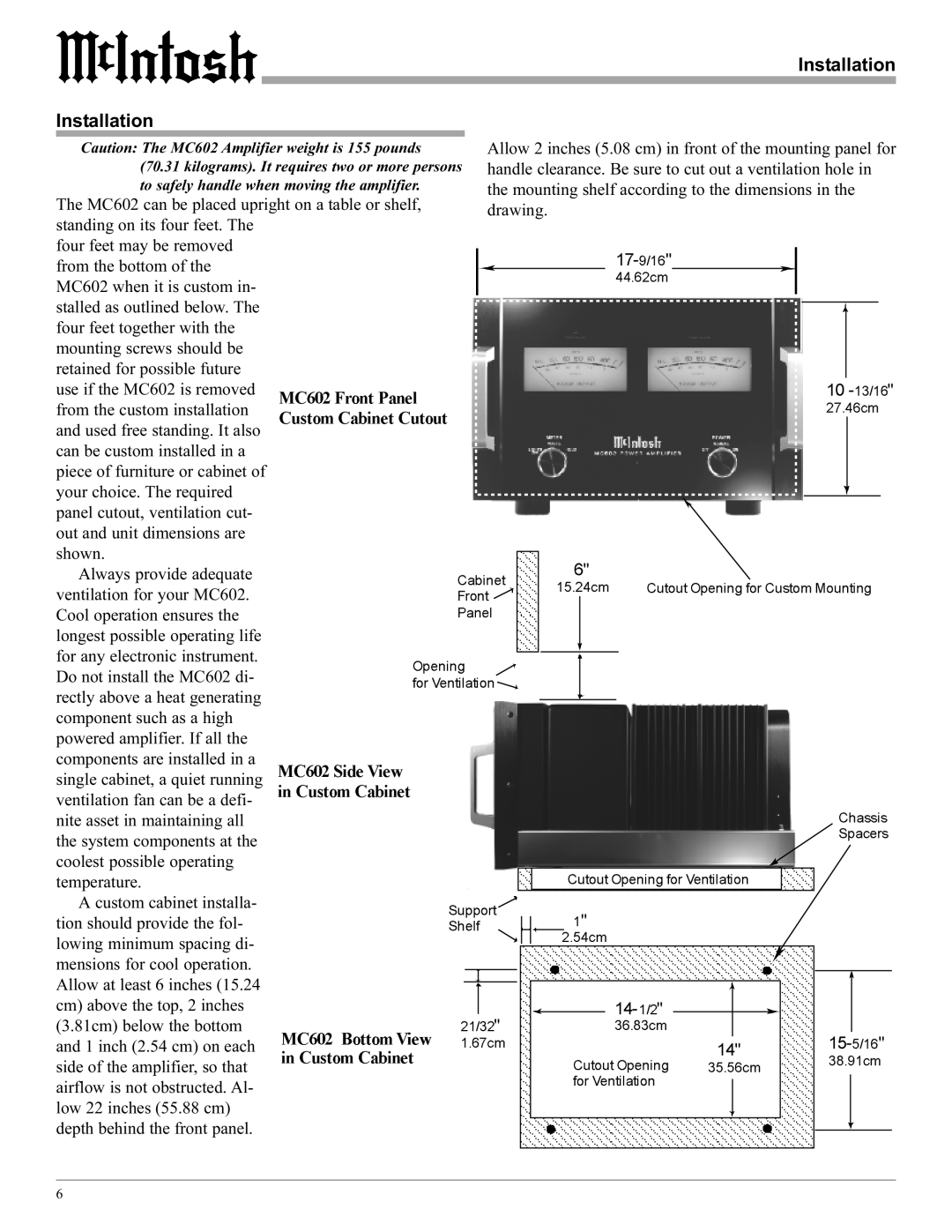 McIntosh MC602 manual Urqw, Installation 