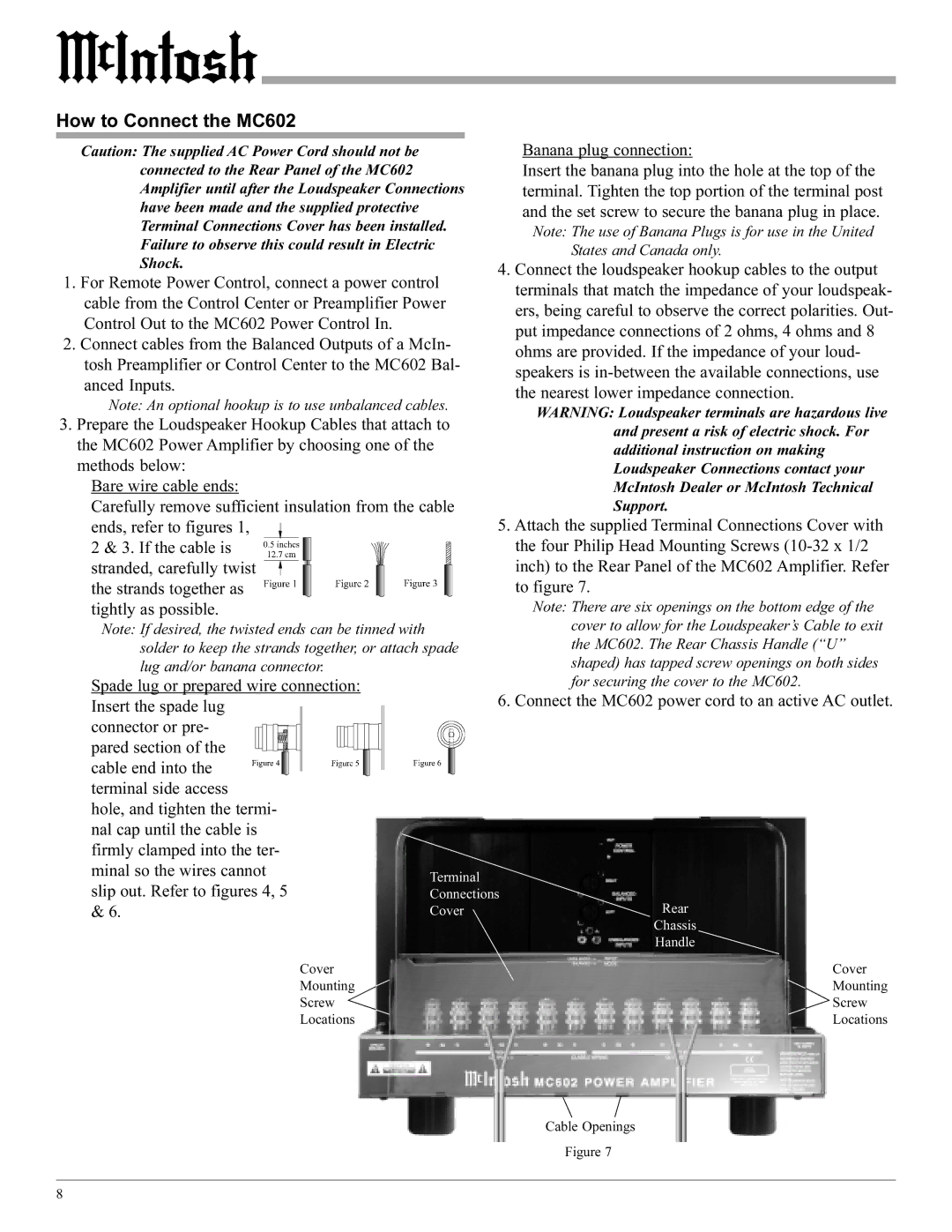 McIntosh manual How to Connect the MC602, Banana plug connection 