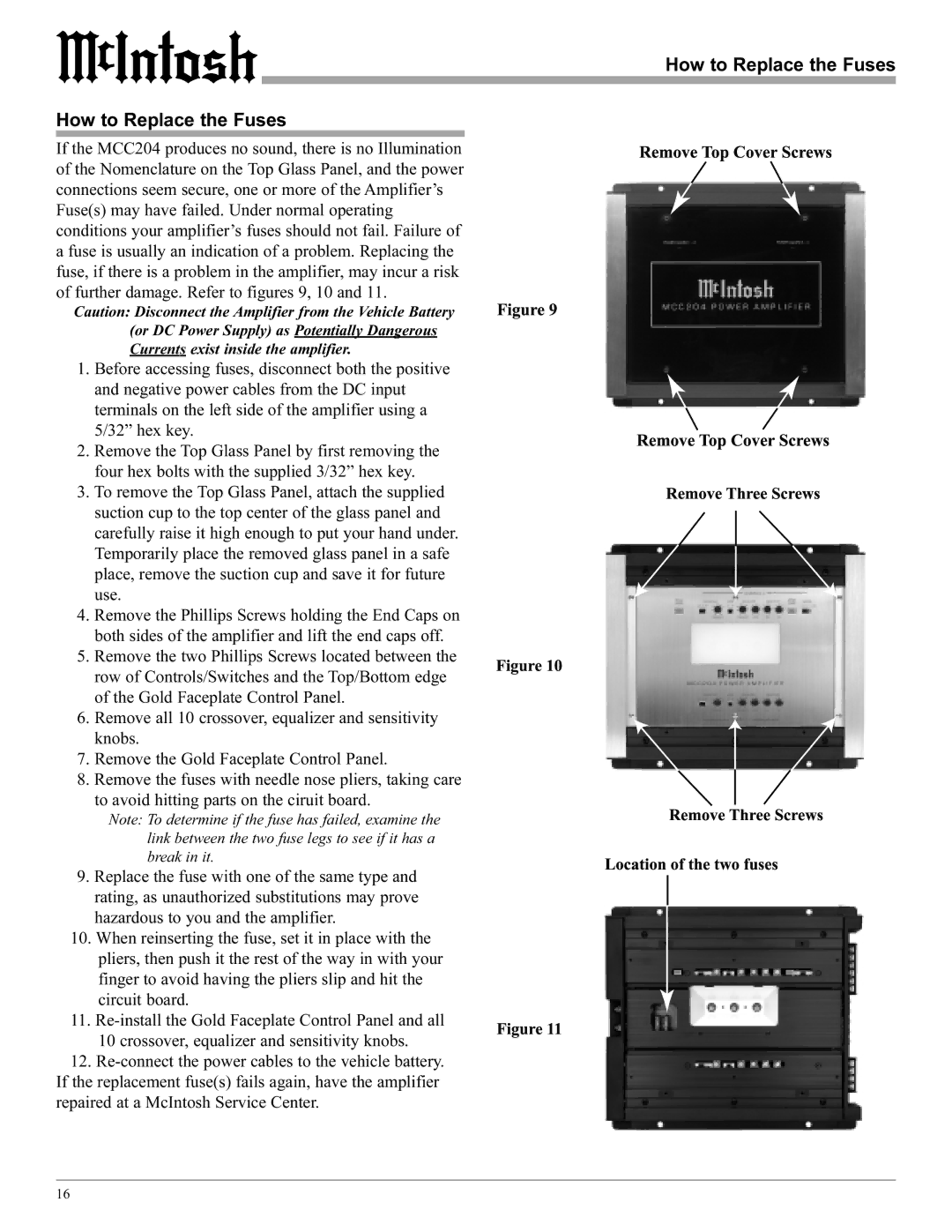 McIntosh MCC204 manual How to Replace the Fuses, Four hex bolts with the supplied 3/32 hex key 