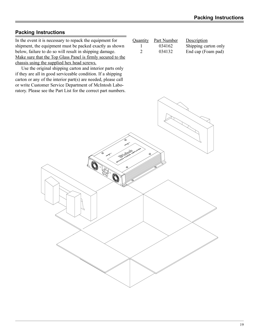 McIntosh MCC204 manual Packing Instructions 