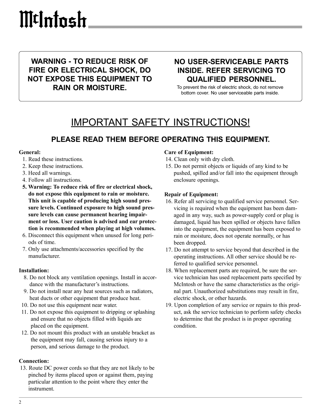 McIntosh MCC204 manual General, Installation, Connection, Care of Equipment, Repair of Equipment 