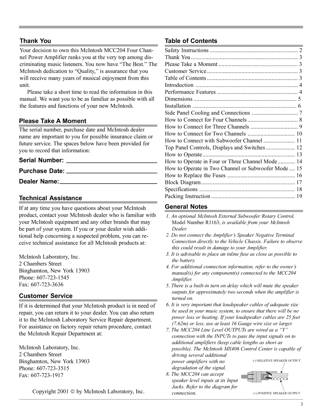 McIntosh MCC204 manual Thank You, Please Take a Moment, Customer Service, Table of Contents, General Notes 